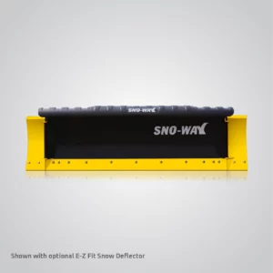A Sno-Way 29R Series Snow Plow is presented against a soft, graduated gray background. The snowplow features a black, slightly curved blade with the white "SNO-WAY" logo prominently displayed on the right side. A bright yellow cutting edge runs along the bottom of the blade, secured with silver bolts. The sides of the plow are also yellow. A black, textured snow deflector with the white "SNO-WAY" logo is attached to the top of the blade. The text "Shown with optional E-Z Fit Snow Deflector" appears in the bottom left corner. The overall lighting is even, minimizing harsh shadows and highlighting the product's features.