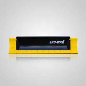 A black Sno-Way Revolution snowplow featuring prominent yellow adjustable wings on either side of the main blade, isolated on a gradient grey background with a slight reflection.