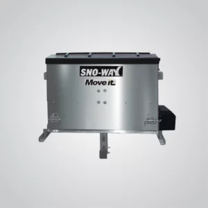 A Sno-Way DRP650 drop spreader is presented against a light gray, graduated background. The spreader has a metallic silver hopper with a black lid. The white "SNO-WAY" logo is prominently displayed on the front, along with the tagline "Move it." in a smaller, italicized font. The spreader is supported by silver legs and a central mounting structure. A black motor housing is visible on the right side.