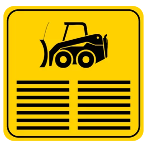 Yellow square sign with a black skid-steer loader with a front snowplow and horizontal lines.