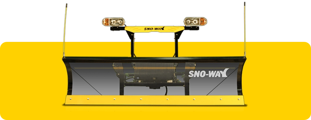 A snowplow attachment, predominantly black and yellow, is positioned against a split background. The snowplow features a curved black blade with the white "SNO-WAY" logo prominently displayed on the right side. A yellow cutting edge with visible bolts runs along the bottom of the blade. Above the blade, a black frame supports two amber warning lights and another "SNO-WAY" logo in yellow. Two thin, flexible antenna-like markers extend upwards from the top corners of the plow. The mounting mechanism of the snowplow is visible behind the blade.