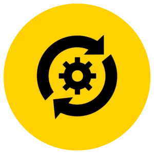 A bright yellow circle features a central black gear icon surrounded by a circular arrow moving clockwise.