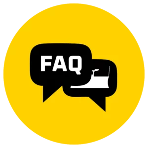 A vibrant yellow circle contains two overlapping black speech bubbles. The larger speech bubble on the left displays the white capitalized letters "FAQ". The smaller speech bubble behind and to the right contains a white silhouette of a snowplow.