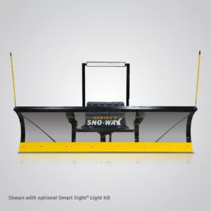 A Sno-Way 22DW snowplow is presented against a light gray, graduated background with a subtle reflection below. The snowplow features a black, slightly angled blade with the white "SNO-WAY" logo and "SERIES 2" branding prominently displayed on the right side. A bright yellow cutting edge runs along the bottom, secured with visible bolts. Two flexible yellow markers extend upwards from the outer edges of the plow. An optional "Smart Sight®" light kit, consisting of a horizontal LED light bar mounted on a black frame, is positioned above the blade. The text "Shown with optional Smart Sight® Light Kit" appears in the bottom left corner.
