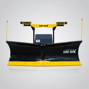 A Sno-Way 22 Series 2 V-plow is presented against a gradient gray background with a reflective surface below. The snowplow features black flared wings and a yellow frame, cutting edge, and top bar with two amber warning lights and two tall yellow guide poles. The white "SNO-WAY" logo and "SERIES 2" are visible on the black surface of the plow.