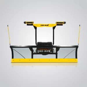 A Sno-Way 22 Series 2 straight-blade snowplow with a black blade, yellow lower edge, yellow marker poles, and a yellow light bar containing the Sno-Way logo, isolated on a gradient grey background with a slight reflection.