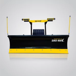 A Sno-Way 26 Series 2 snowplow is shown against a gradient gray background with a reflective surface below. The plow features a black blade, a yellow cutting edge, and a yellow support structure with two amber warning lights and two tall yellow guide poles. The "SNO-WAY" logo and "SERIES 2" are visible in white on the black blade.