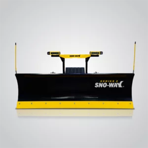 A Sno-Way 29HD 7 foot Series 2 snowplow is shown against a gradient gray background with a reflective surface below. The plow features a black blade, a yellow cutting edge, and a yellow support structure with two amber warning lights and two tall yellow guide poles. The "SNO-WAY" logo and "SERIES 2" are visible in white on the black blade.