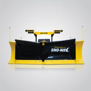 A Sno-Way 29VHD Series 2 V-plow is presented against a gradient gray background with a reflective surface. The snowplow features black flared wings and a yellow frame, cutting edge, and top bar with two amber warning lights and two yellow guide poles. The white "SNO-WAY" logo and "SERIES 2" are visible on the black surface of the plow.