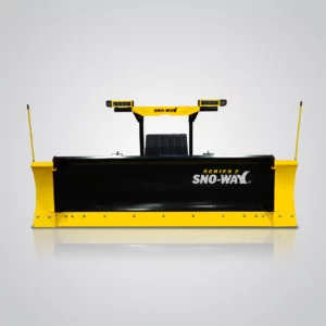 A Sno-Way 29R Series 2 snowplow is presented against a gradient gray background with a reflective surface below. The plow features a black blade, a yellow cutting edge, and a yellow support structure with two amber warning lights and two tall yellow guide poles. The white "SNO-WAY" logo and "SERIES 2" are visible on the black blade.