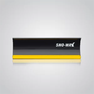 A Sno-Way Straight Skid Steer 29 THD snowplow model is presented against a light grey background with a subtle reflection underneath. The plow features a long, black blade with a slight curve. The "SNO-WAY" logo is prominently displayed in white lettering across the center of the black blade. A bright yellow cutting edge is attached along the bottom of the black blade.