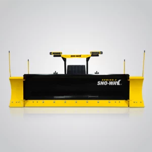 A Sno-Way Revolution HD Series 2 snowplow is presented against a light grey background with a subtle reflection underneath. The plow features a wide, black, curved blade with the "SNO-WAY" logo and "SERIES 2" in white lettering across its center. Bright yellow wings are attached to both sides of the black blade. Yellow support arms and mounting hardware are visible above the blade, along with yellow markers extending upwards from the ends. The plow appears robust and designed for heavy-duty snow removal with enhanced control and visibility.