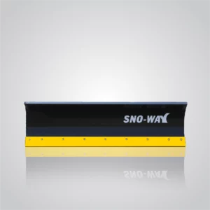 A Sno-Way Straight snowplow Skid Steer 26 is presented against a light grey background with a subtle reflection underneath. The plow features a long, black blade with a slight curve. The "SNO-WAY" logo is prominently displayed in white lettering across the center of the black blade. A bright yellow cutting edge is attached along the bottom of the black blade, secured with a series of bolts.