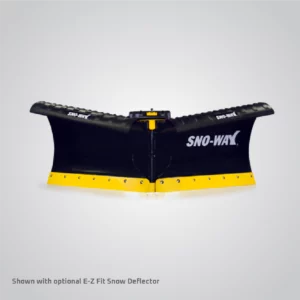 A heavy-duty black Sno-Way 29VHD Series 2 Commercial V-snowplow with blades angled outwards, a yellow cutting edge, yellow accents on the central hinge, and an optional E-Z Fit Snow Deflector fitted along the top edge, isolated on a gradient grey background.