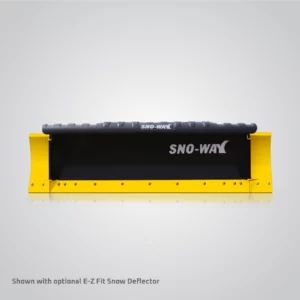 A Sno-Way Revolution Series Snowplow Skid Steer 26R is presented against a light grey background with a subtle reflection underneath. The plow features a black, curved blade with the "SNO-WAY" logo prominently displayed in white lettering across its center. Bright yellow end caps or wings are attached to both sides of the black blade. A black, textured snow deflector with the "SNO-WAY" logo in white runs along the top edge of the blade. Text at the bottom left indicates "Shown with optional E-Z Fit Snow Deflector". The plow is designed for efficient snow removal with added control over snow spray.