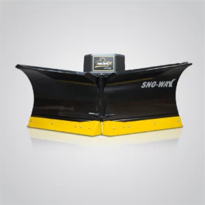 A black Sno-Way brand V-snowplow for a UTV, featuring blades angled outwards and a yellow cutting edge, isolated on a gradient grey background.