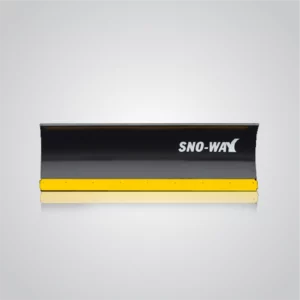 A black Sno-Way straight-blade snowplow, identified as a UTV Trip Edge model, with a horizontal yellow stripe above the bolted cutting edge, isolated on a gradient grey background with a slight reflection.
