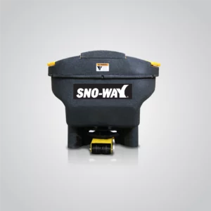 A Sno-Way 4 CU FT. Spreader is presented against a light grey background. The spreader features a dark grey, textured hopper with yellow accents on the handles and near the base. The "SNO-WAY" logo is prominently displayed in white lettering on the front of the hopper. The spreading mechanism at the bottom is visible in black and yellow. The overall impression is of a compact and portable spreader designed for distributing granular materials.
