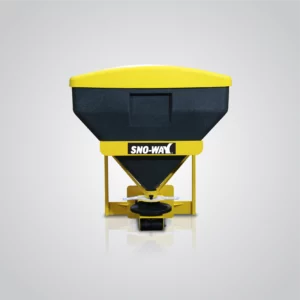 A Sno-Way 6-9 CU FT. Spreader is presented against a light grey background. The spreader features a black hopper with a textured finish and a bright yellow lid. The "SNO-WAY" logo is prominently displayed in white lettering on the front of the black section. A yellow frame supports the hopper, extending downwards to the spreading mechanism at the bottom, which includes a visible black motor and spinner. The overall impression is of a compact yet robust spreader designed for distributing granular materials.