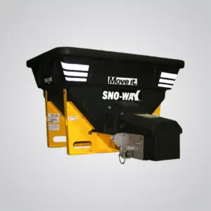 A Sno-Way Revolution V-Box Spreader RVB10 model, is presented against a light grey background. The spreader features a black hopper with the "SNO-WAY" logo prominently displayed in white. A bright yellow support frame provides structure to the hopper. At the rear, a black motor and spreading mechanism are visible. The overall impression is of a robust piece of equipment designed for efficient material spreading.
