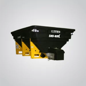 A Sno-Way Revolution V-Box Spreader RVB1500 model, is showcased against a light grey background. The spreader features a black hopper with the "SNO-WAY" logo prominently displayed in white. A bright yellow support frame provides structure to the hopper. At the rear, a black motor and spreading mechanism are visible. The overall impression is of a robust piece of equipment designed for efficient material spreading.