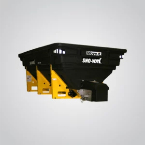 A Sno-Way Revolution V-Box Spreader RVB2000 model, is showcased against a light grey background. The spreader features a black hopper with the "SNO-WAY" logo prominently displayed in white. A bright yellow support frame provides structure to the hopper. At the rear, a black motor and spreading mechanism are visible. The overall impression is of a robust piece of equipment designed for efficient material spreading.