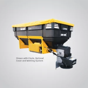 A Sno-Way Revolution V-Box Spreader RVB2500 model, is displayed against a light grey background. The spreader features a black hopper with the "SNO-WAY" logo visible on the side. A bright yellow support frame provides structure. A yellow cover is fitted over the top of the hopper. A black chute is attached to the dispensing end, and a component of the optional wetting system is visible. Text near the bottom left indicates "Shown with Chute, Optional Cover and Wetting System". The overall image showcases a fully equipped spreader ready for operation.