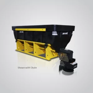 A Sno-Way RVB3500 Revolution V-Box Spreader is presented against a light grey background. The spreader features a large black hopper with a textured surface and the "SNO-WAY" logo displayed in white on the sides. A bright yellow support frame provides structure to the hopper. A black chute is attached to the dispensing end of the spreader, with the text "Shown with Chute" visible near the bottom left. The overall construction suggests a robust piece of equipment designed for spreading materials.