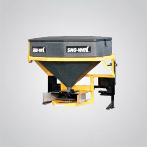 A Sno-Way Skid Steer Spreader SKD10H is presented against a light grey background. The spreader features a black hopper with a textured surface and a fitted black lid. The "SNO-WAY" logo is prominently displayed in white lettering on both sides of the hopper. A bright yellow frame supports the hopper, extending downwards to the spreading mechanism at the bottom. The spreading mechanism includes a black conical section leading to a horizontal dispensing area with visible metal components. Parts of the mounting hardware, also in yellow and black, are visible on the sides, suggesting how the spreader attaches to a skid steer. The overall impression is of a robust and durable piece of equipment designed for spreading material.